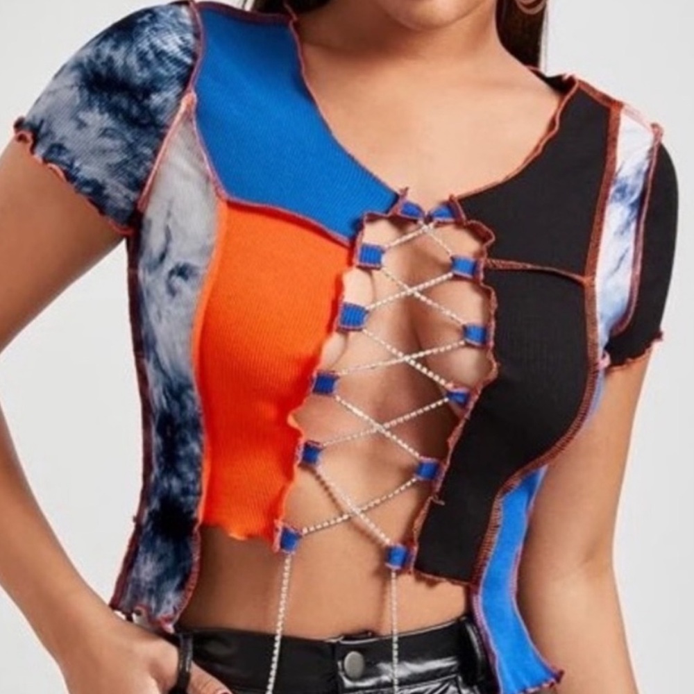 SHEIN | Orange Blue Open Front Lace Colorblock